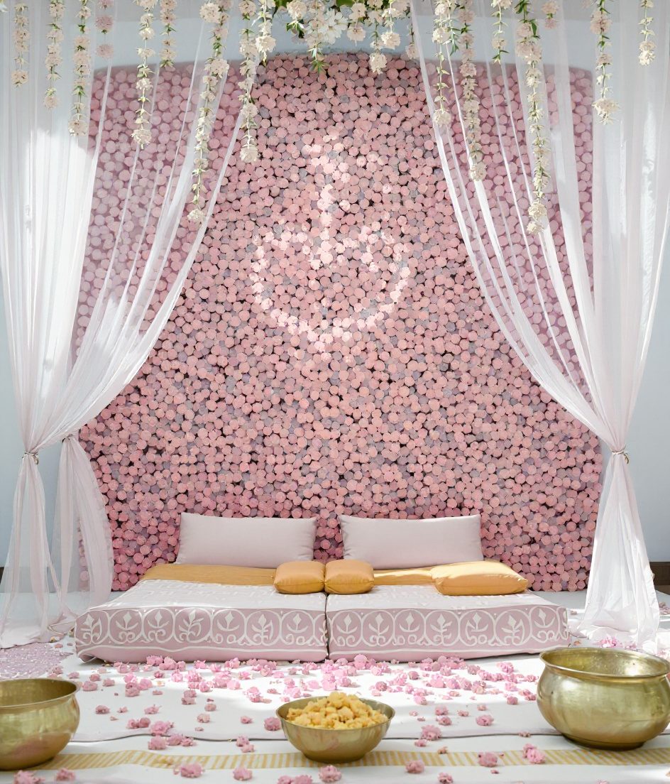 Haldi Ceremony Marigold Decor — Ivory & Rose-Gold