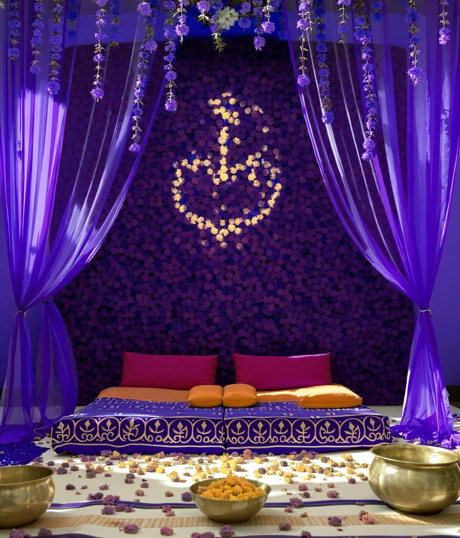 Haldi Ceremony Marigold Decor — Purple & Gold