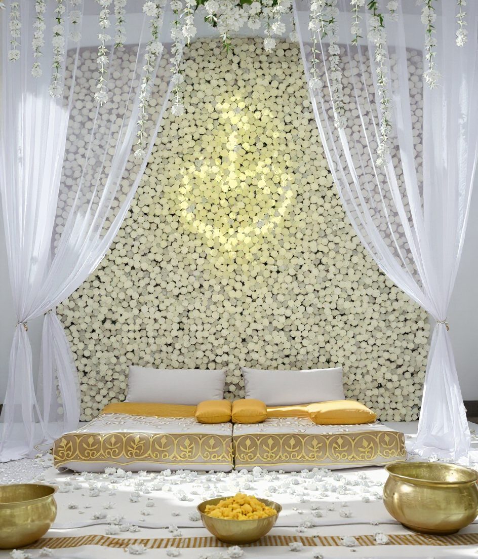 Haldi Ceremony Marigold Decor — White & Gold