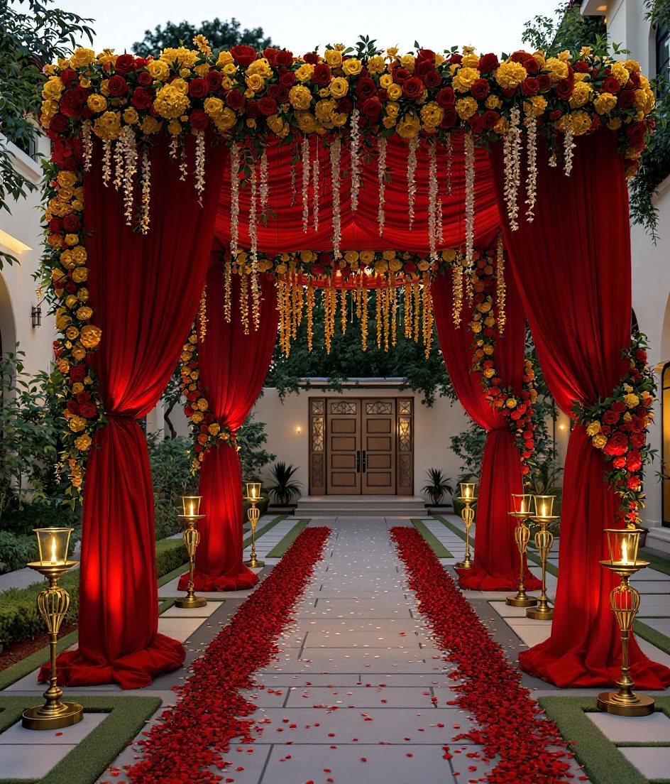 Home Wedding Mandap Decor — Gold & Crimson