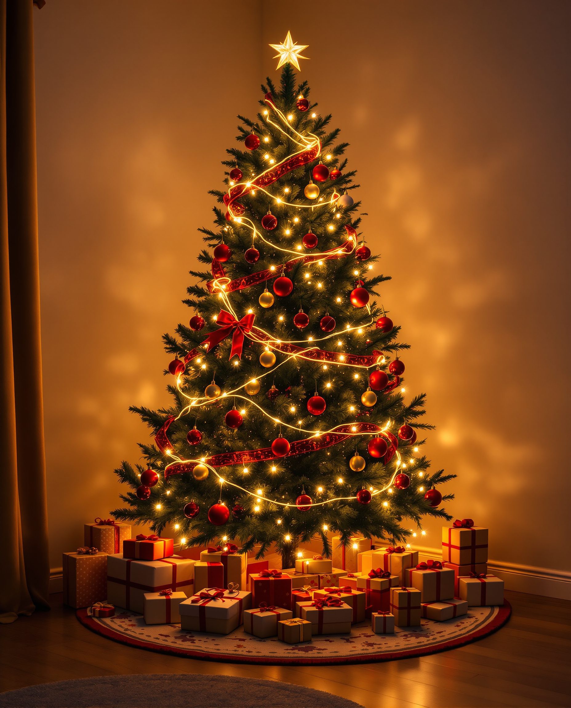 Living Room Christmas Tree — Gold & Crimson
