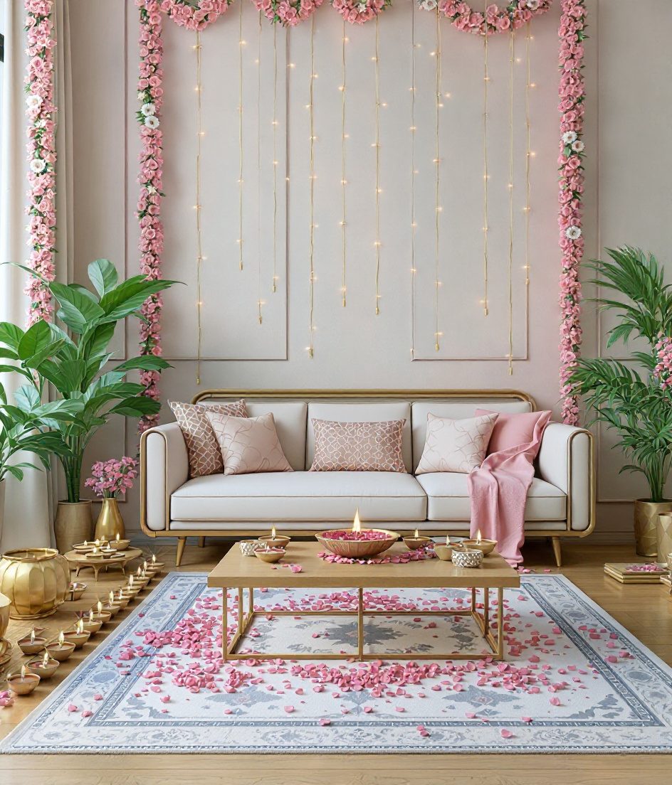 Luxury Diwali Living Room — Ivory & Rose-Gold