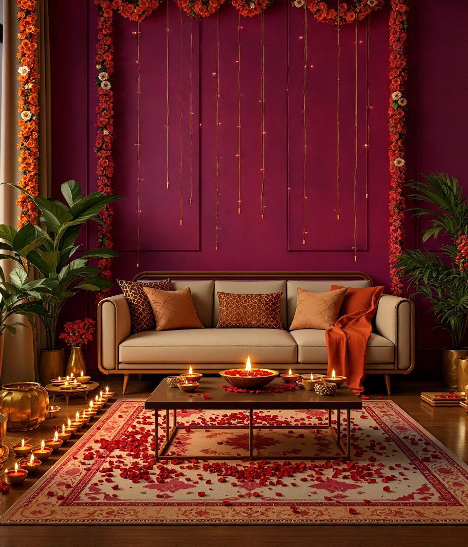 Luxury Diwali Living Room — Marigold & Magenta