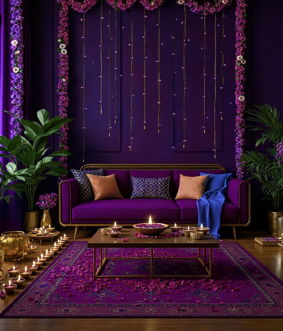 Luxury Diwali Living Room — Purple & Gold
