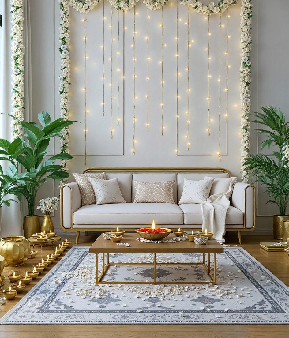 Luxury Diwali Living Room — White & Gold