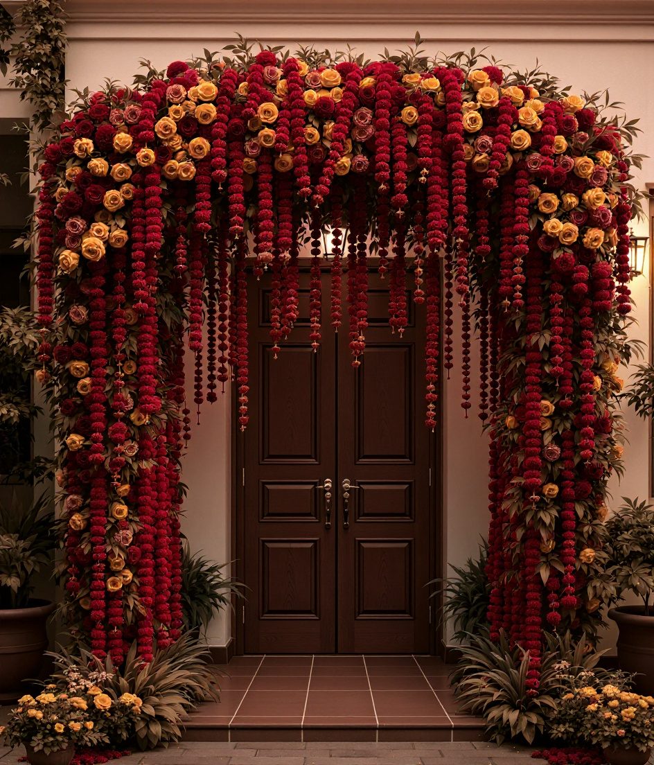 Marigold Garland Entrance Arch — Gold & Crimson