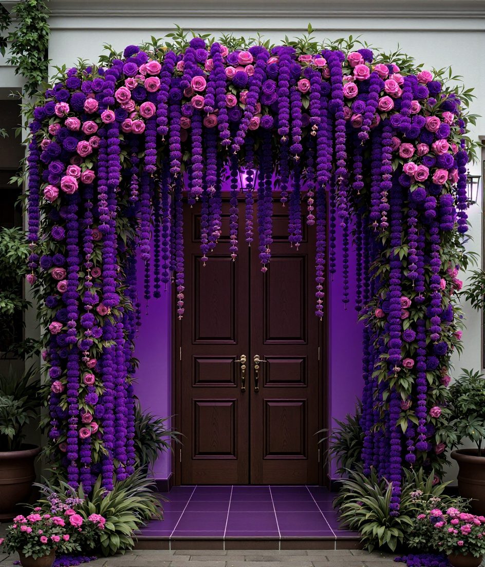 Marigold Garland Entrance Arch — Purple & Gold