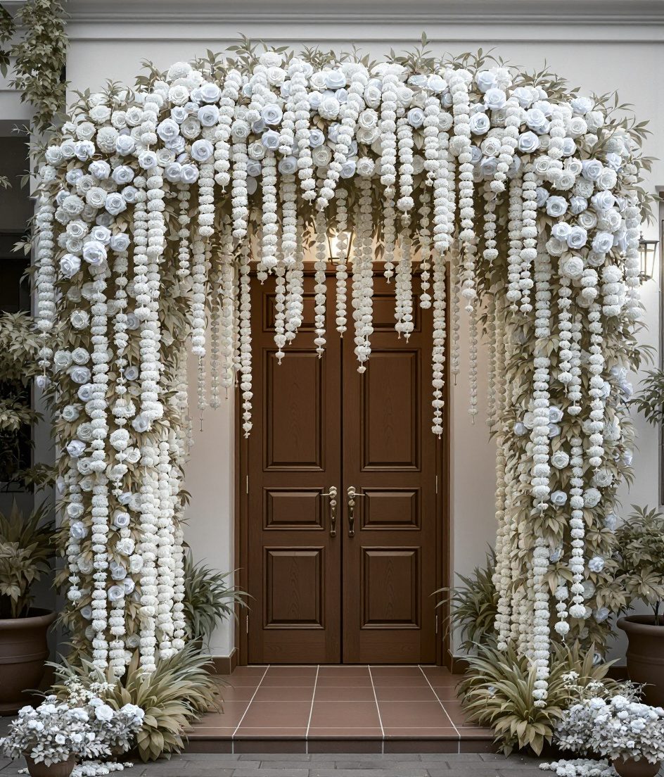 Marigold Garland Entrance Arch — White & Gold