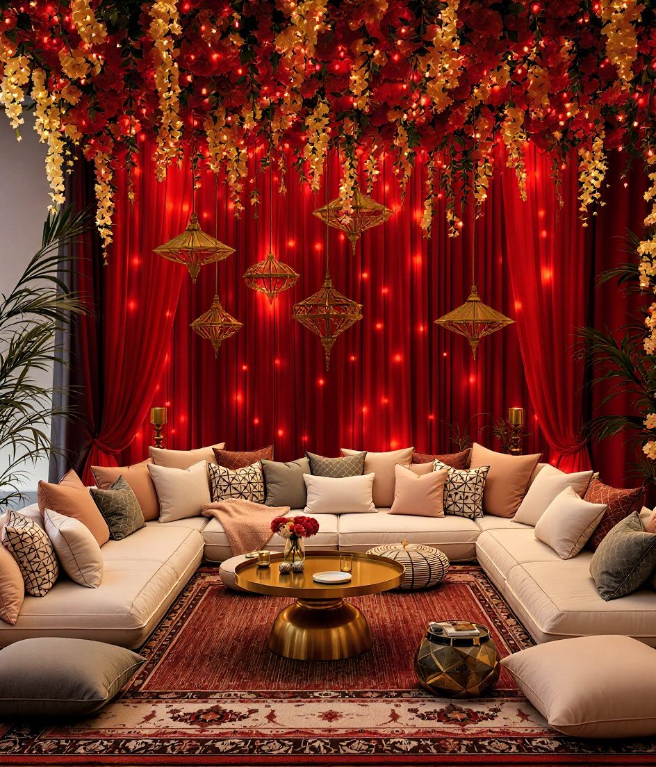Mehndi Night Floor Seating — Gold & Crimson