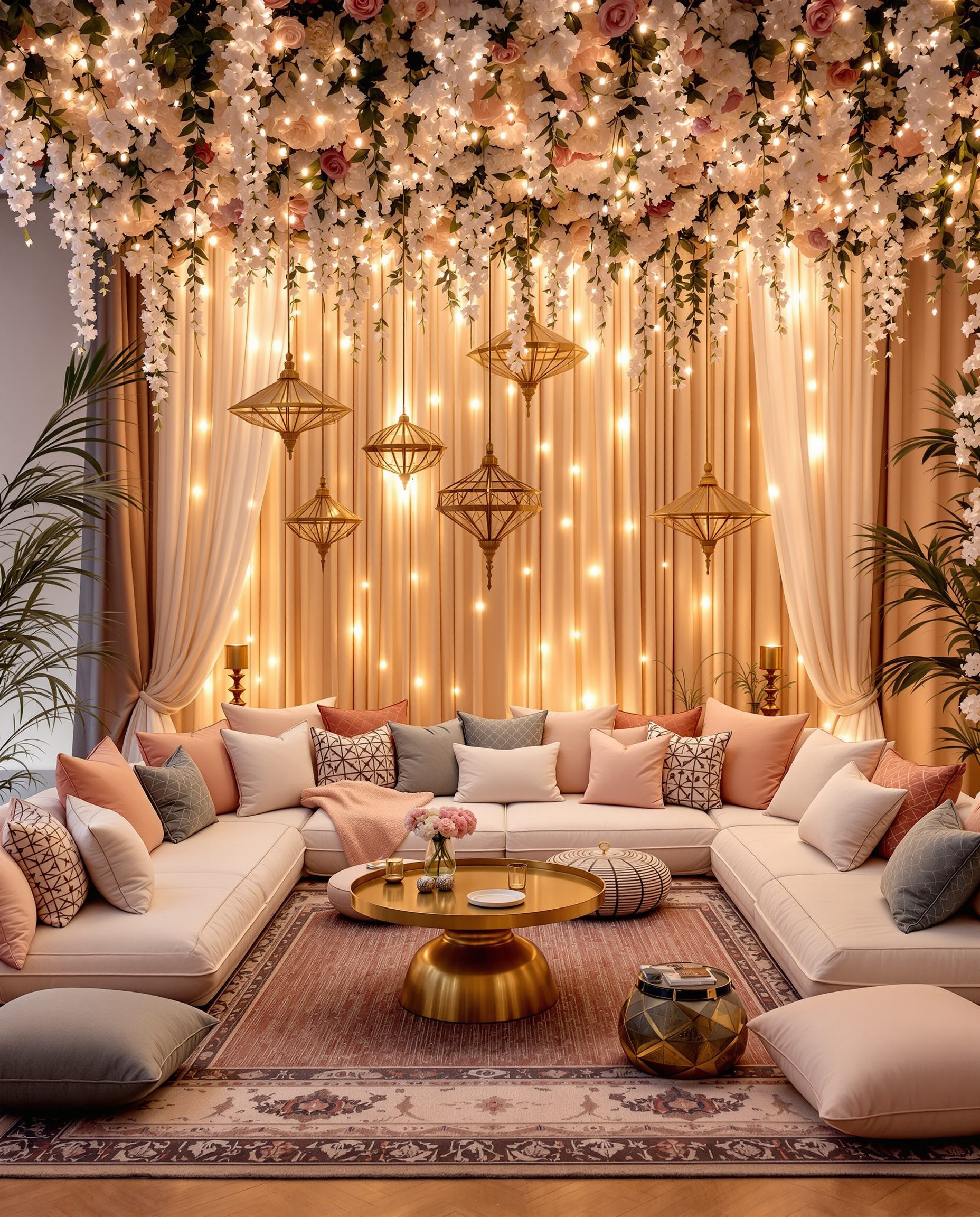 Mehndi Night Floor Seating — Ivory & Rose-Gold