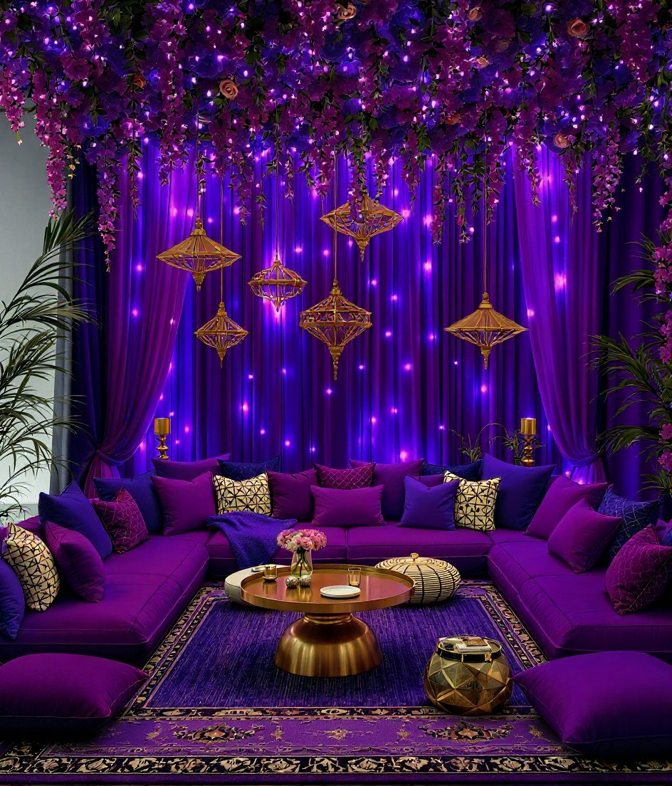Mehndi Night Floor Seating — Purple & Gold