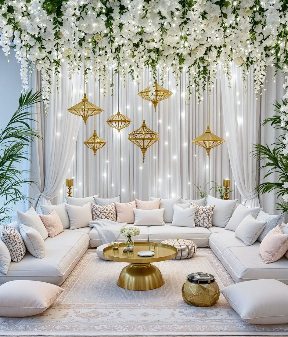 Mehndi Night Floor Seating — White & Gold