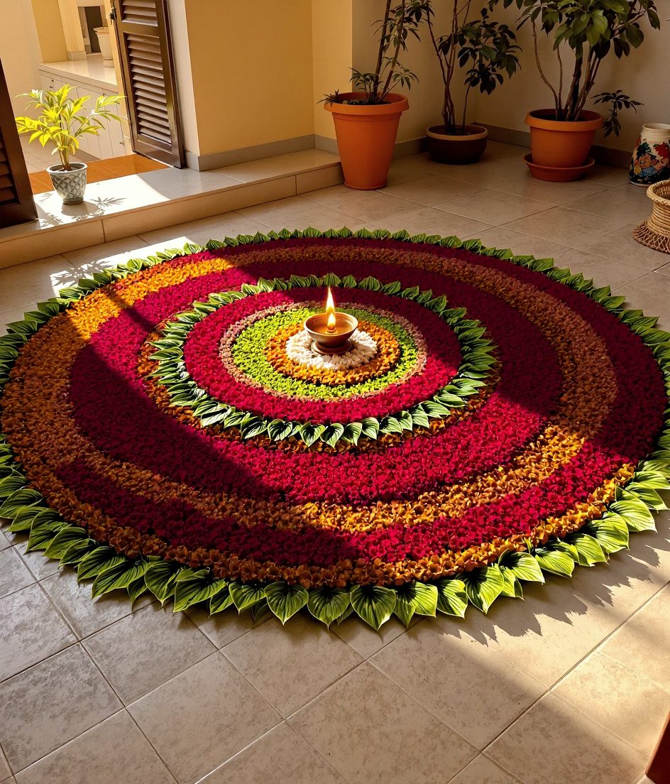 Onam Pookalam Floor Decor — Gold & Crimson