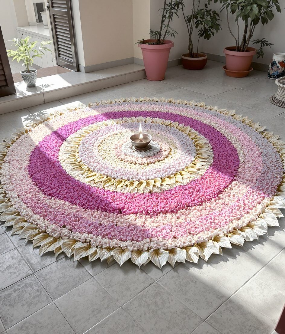Onam Pookalam Floor Decor — Ivory & Rose-Gold
