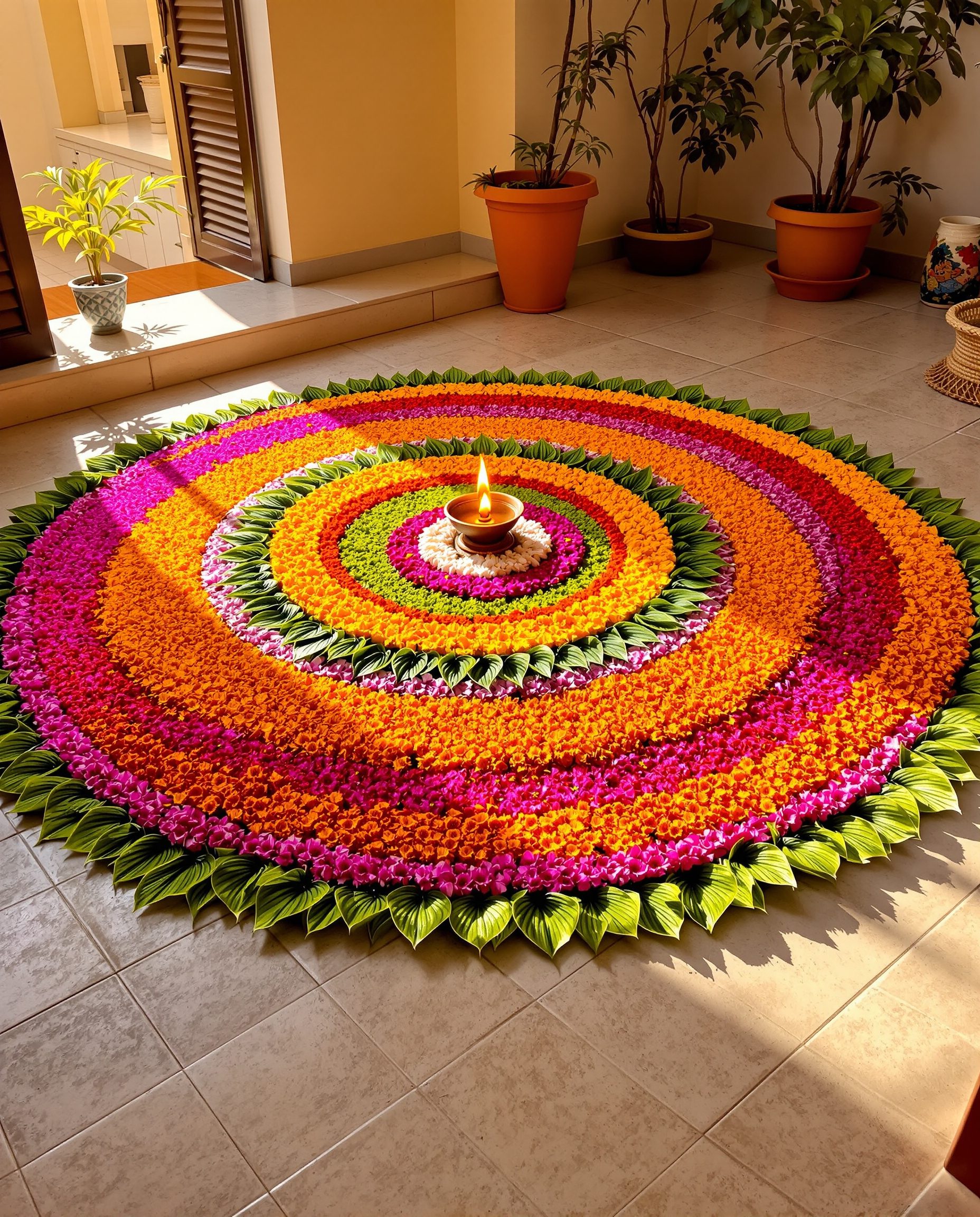 Onam Pookalam Floor Decor — Marigold & Magenta