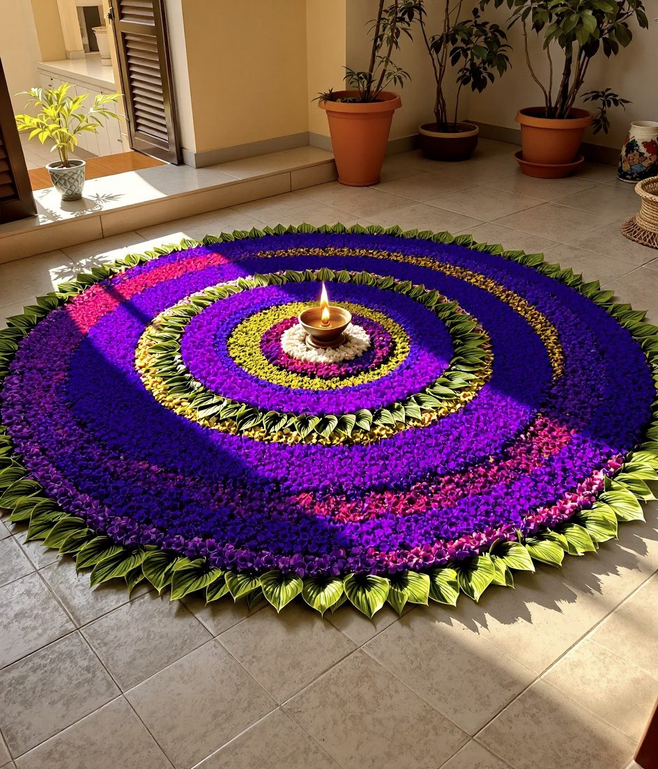 Onam Pookalam Floor Decor — Purple & Gold