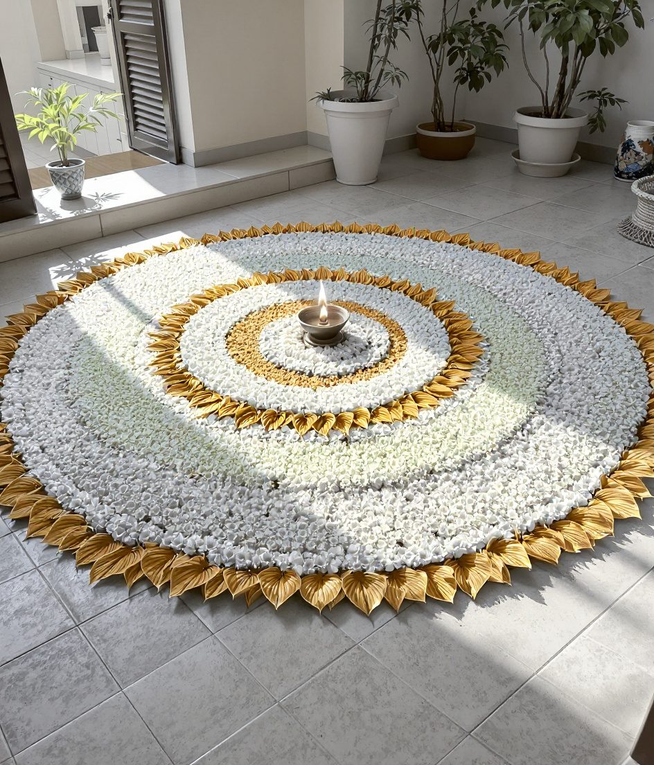 Onam Pookalam Floor Decor — White & Gold