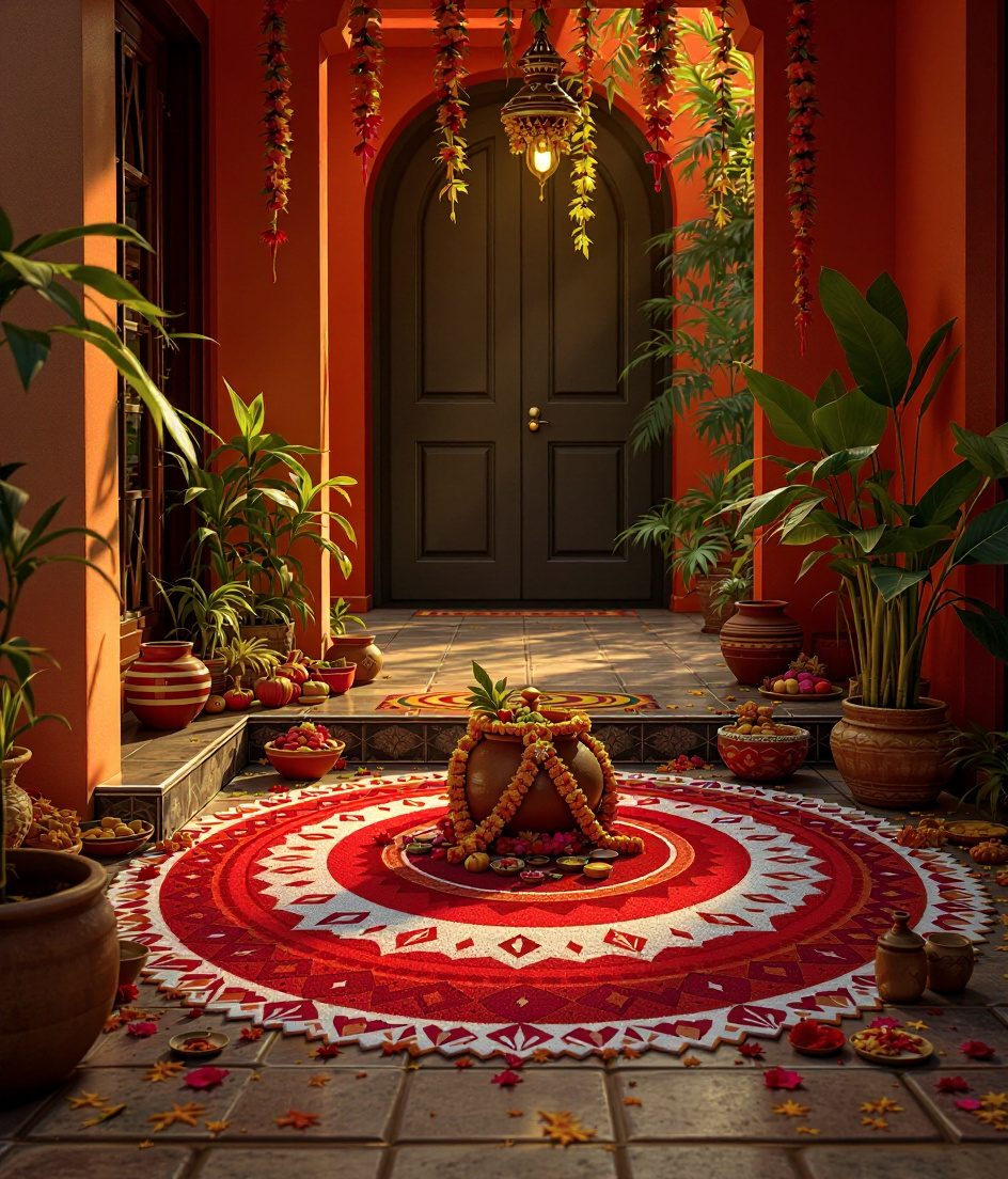 Pongal Kolam Entrance — Gold & Crimson