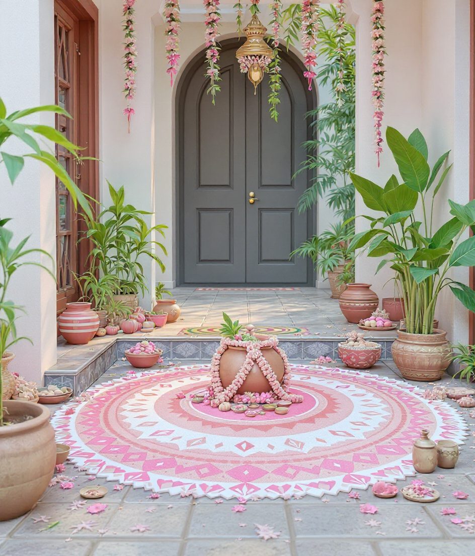 Pongal Kolam Entrance — Ivory & Rose-Gold