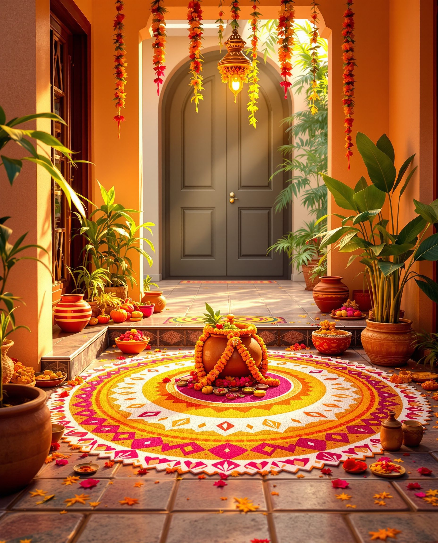 Pongal Kolam Entrance — Marigold & Magenta