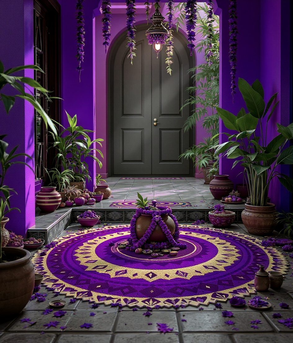 Pongal Kolam Entrance — Purple & Gold