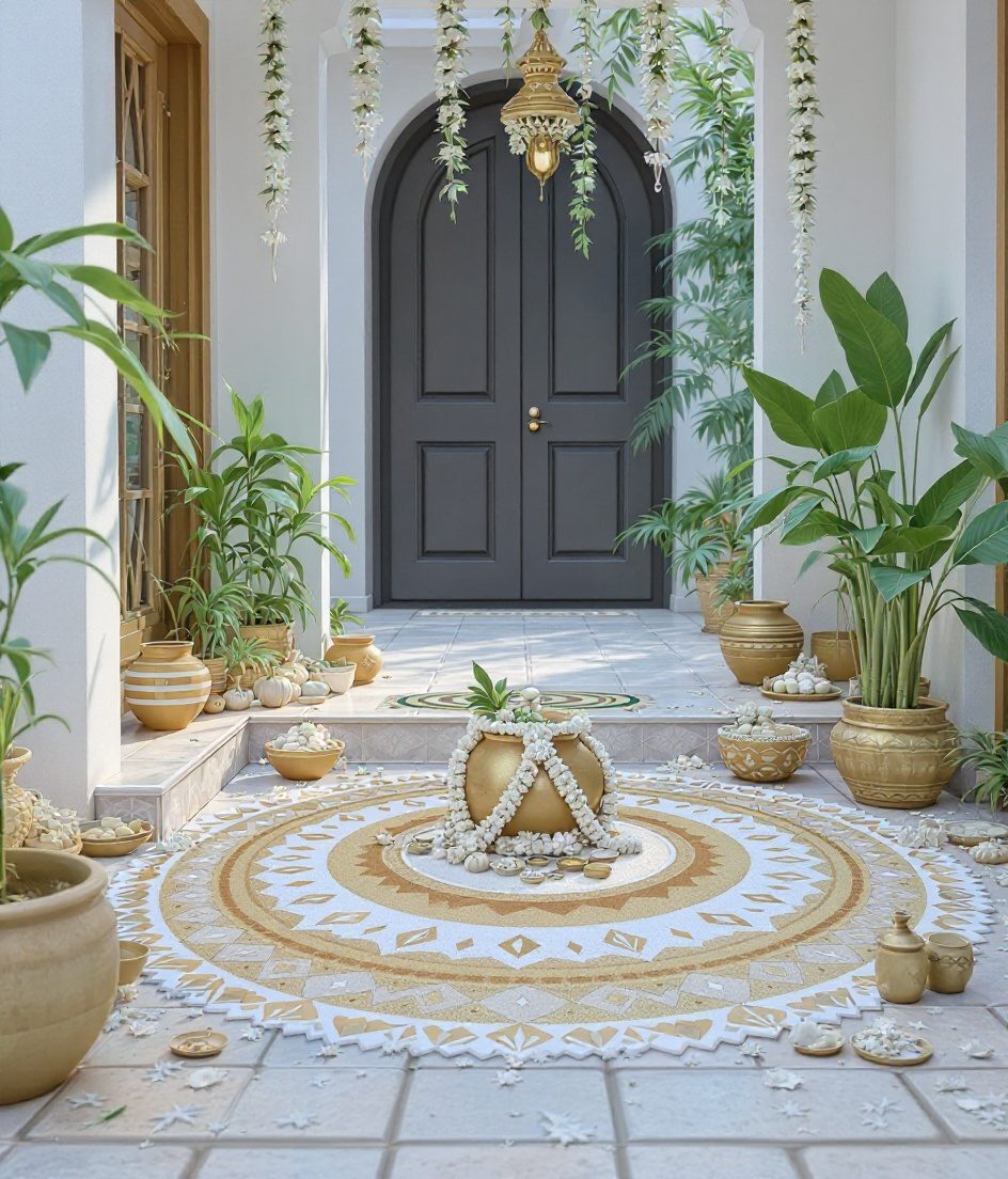 Pongal Kolam Entrance — White & Gold