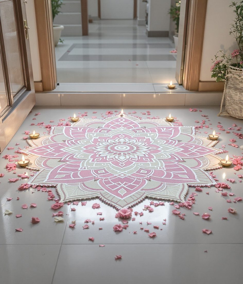 Traditional Diya Rangoli Entrance — Ivory & Rose-Gold
