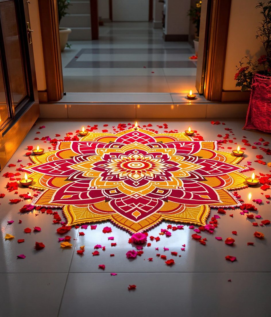 Traditional Diya Rangoli Entrance — Marigold & Magenta