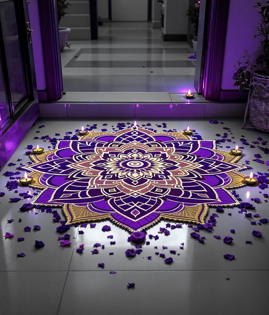 Traditional Diya Rangoli Entrance — Purple & Gold