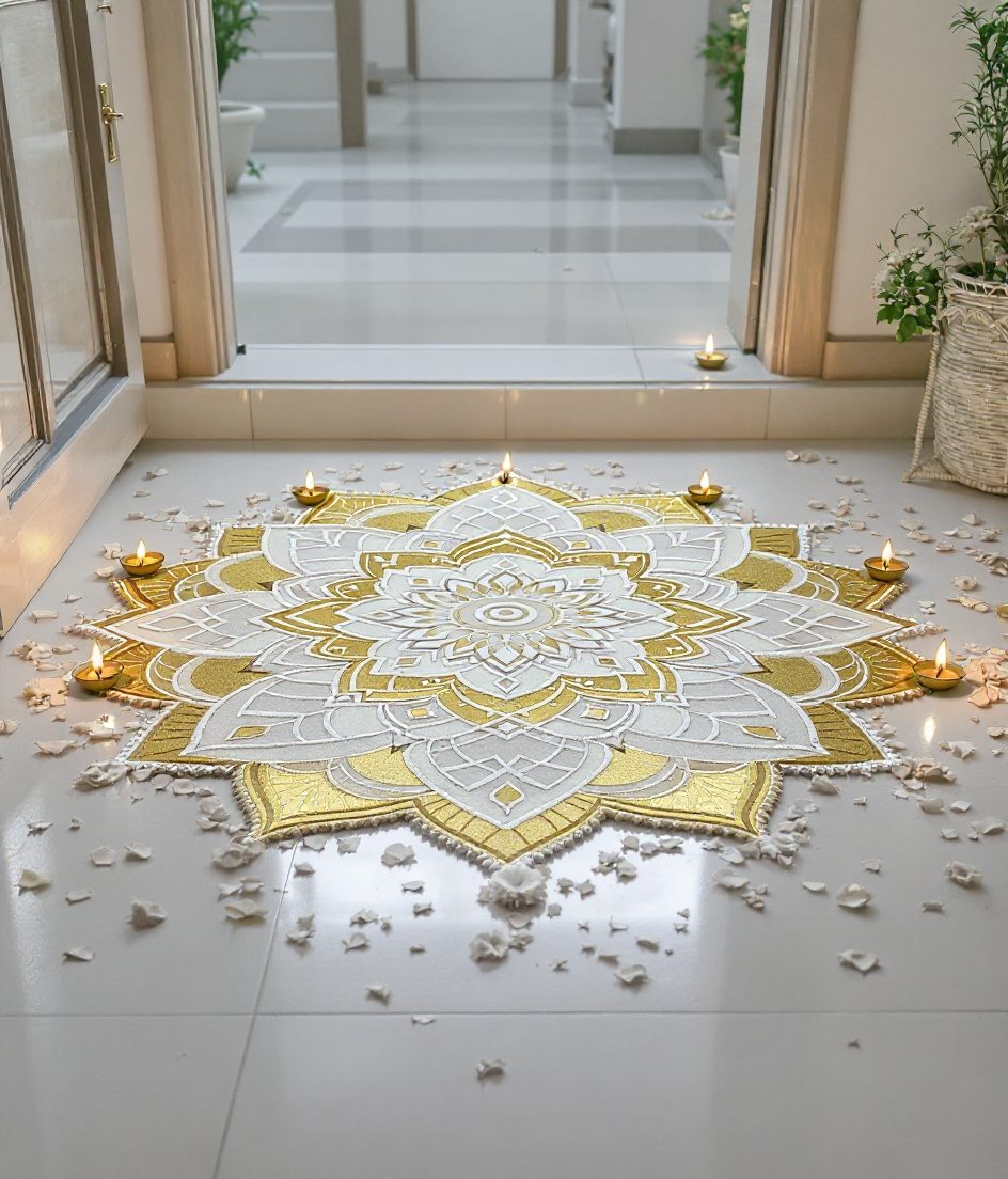 Traditional Diya Rangoli Entrance — White & Gold