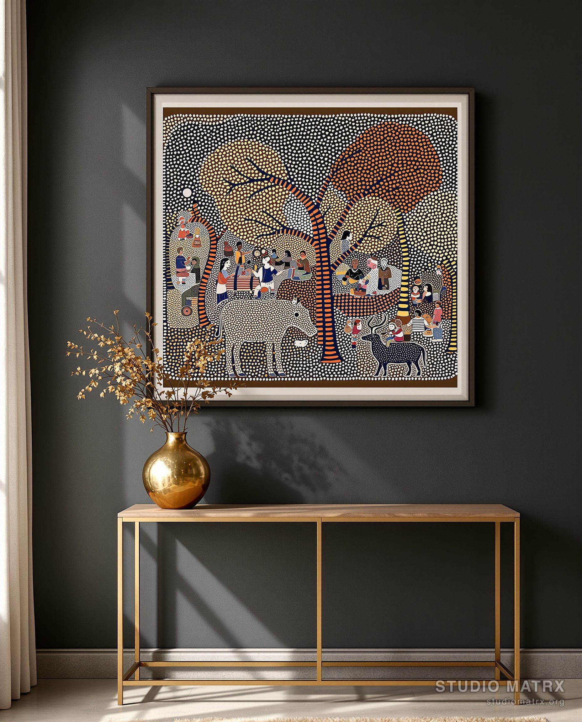 Bhil Tribal Dot Painting — Charcoal Wall
