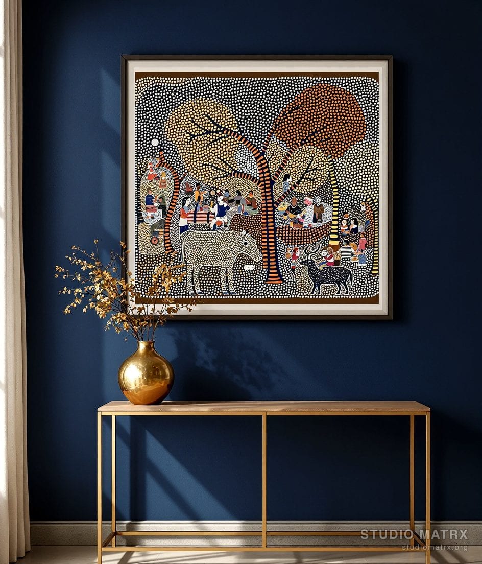 Bhil Tribal Dot Painting — Navy Wall