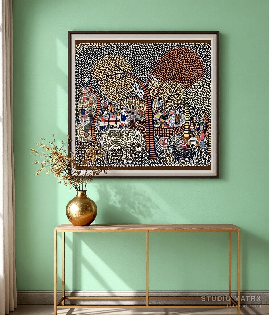 Bhil Tribal Dot Painting — Sage Wall