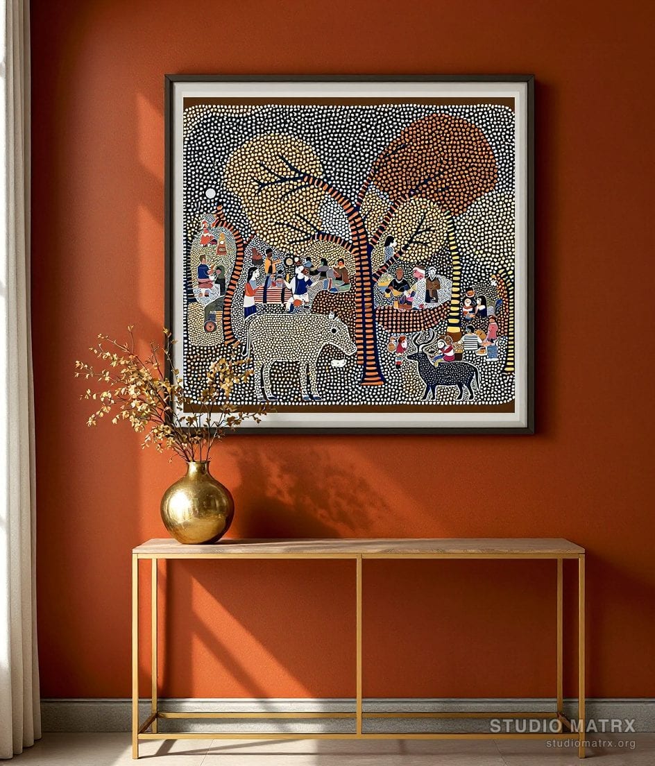 Bhil Tribal Dot Painting — Terracotta Wall