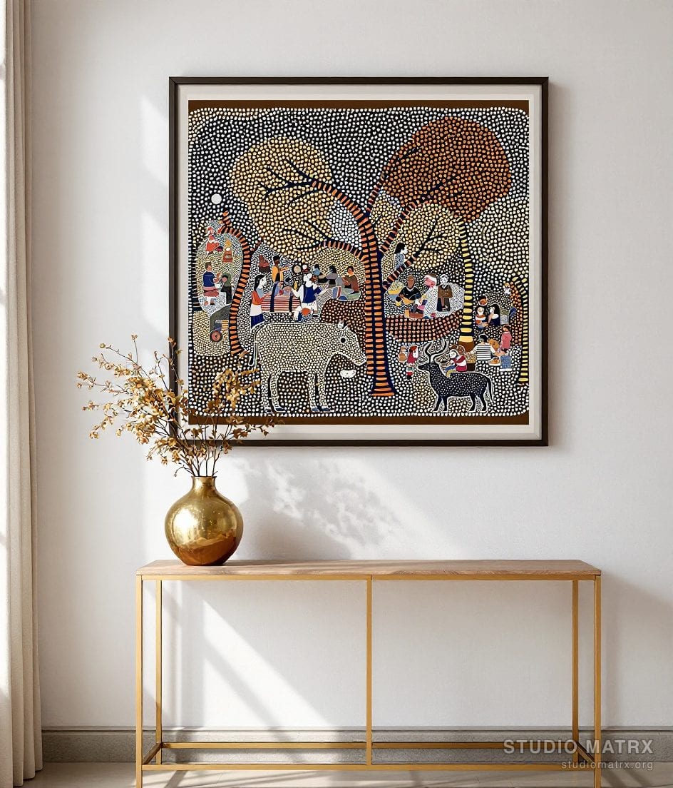 Bhil Tribal Dot Painting — Warm White Wall