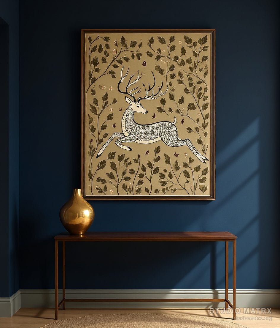 Gond Leaping Deer — Navy Wall