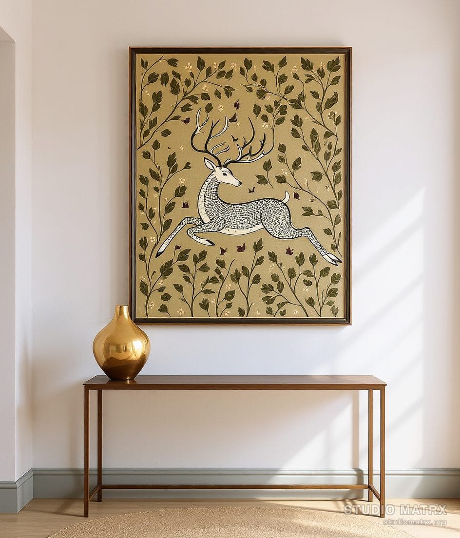 Gond Leaping Deer — Warm White Wall