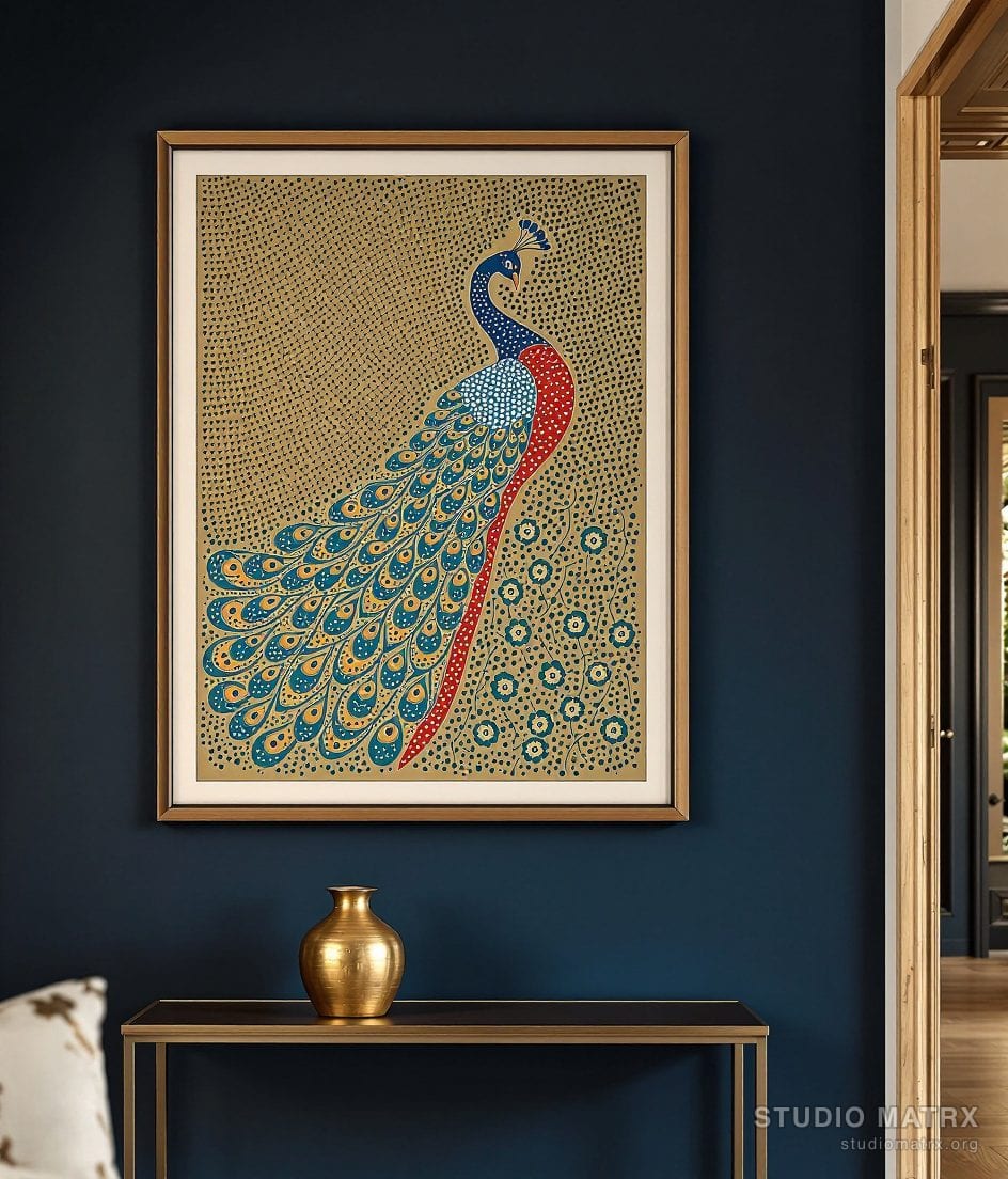 Gond Peacock In Bloom — Charcoal Wall