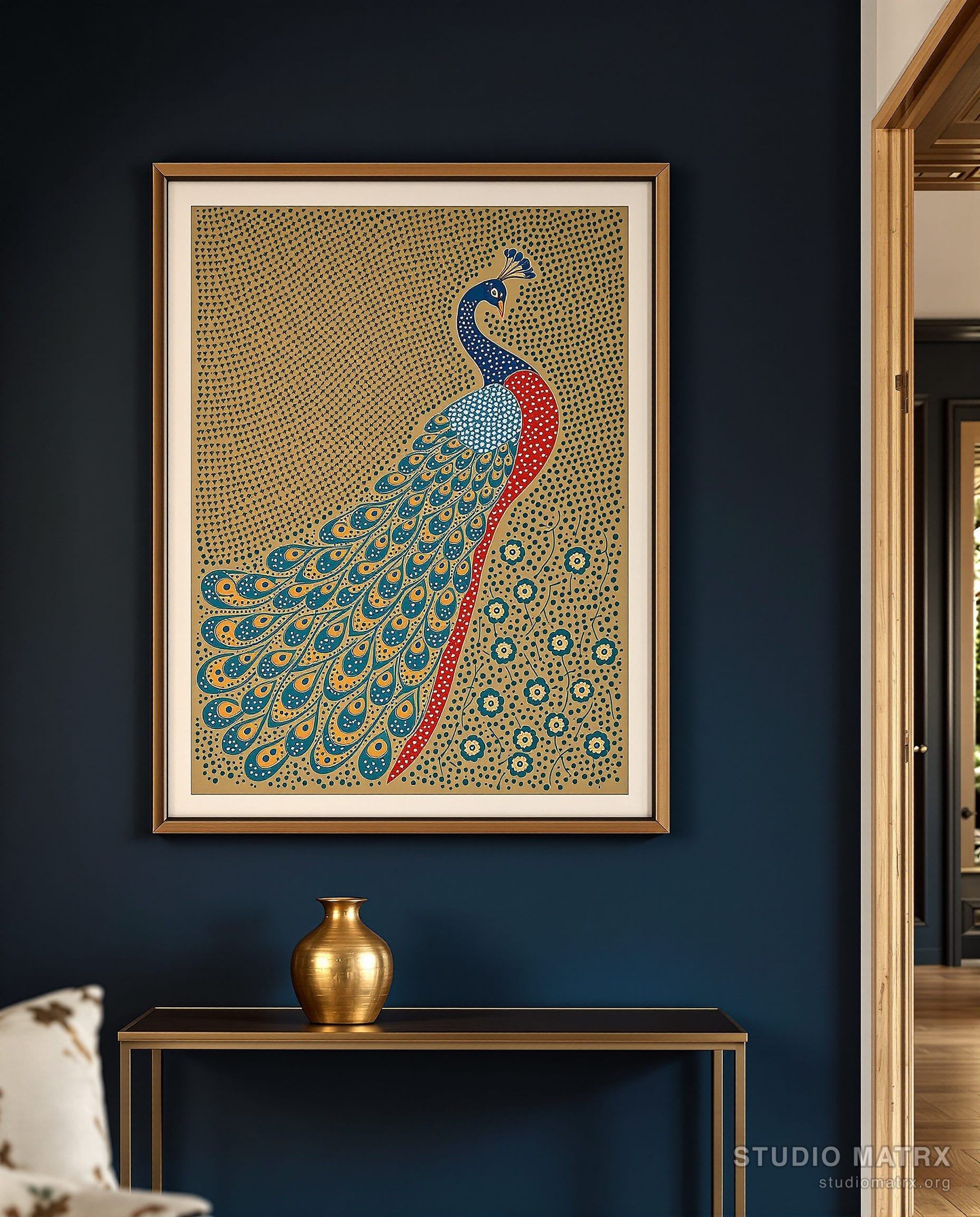 Gond Peacock In Bloom — Navy Wall