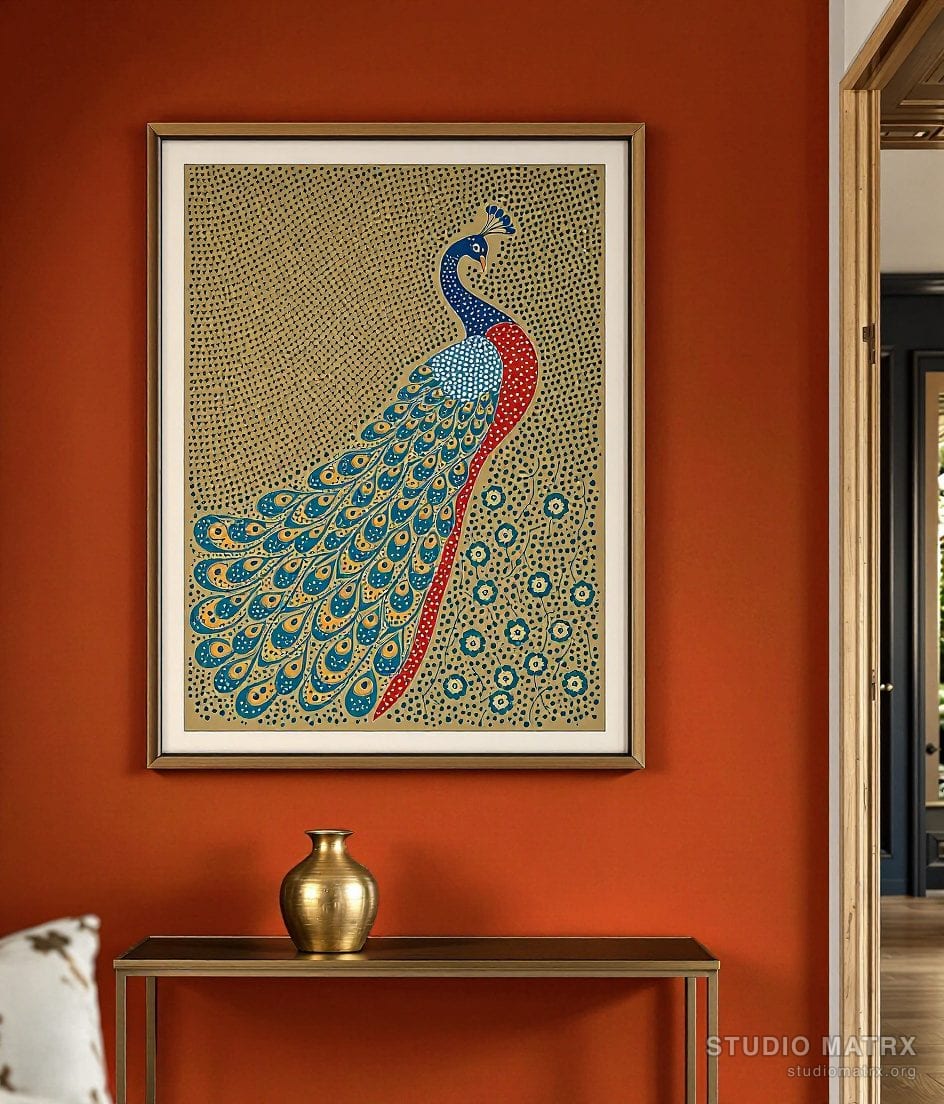 Gond Peacock In Bloom — Terracotta Wall