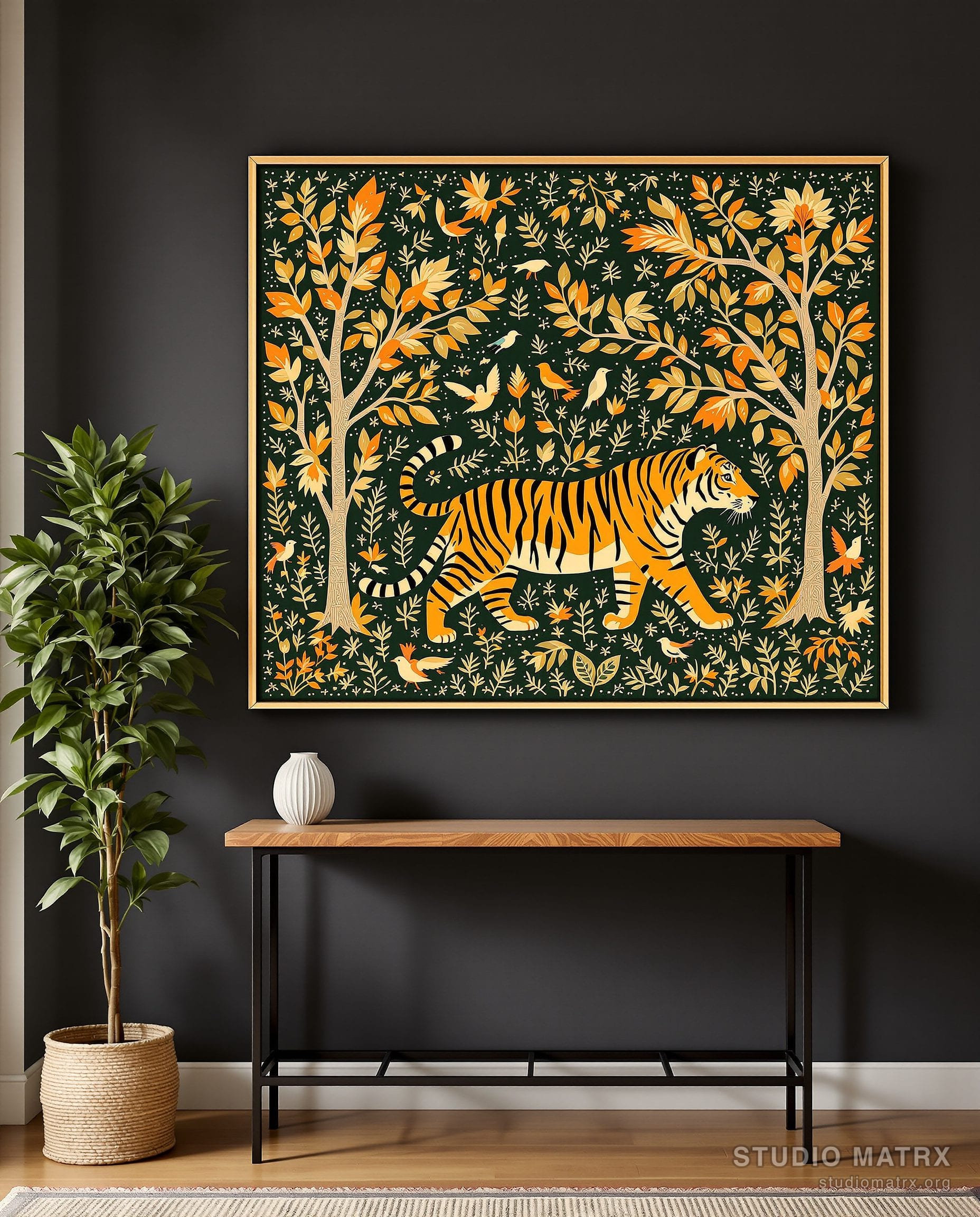 Gond Tiger In The Forest — Charcoal Wall