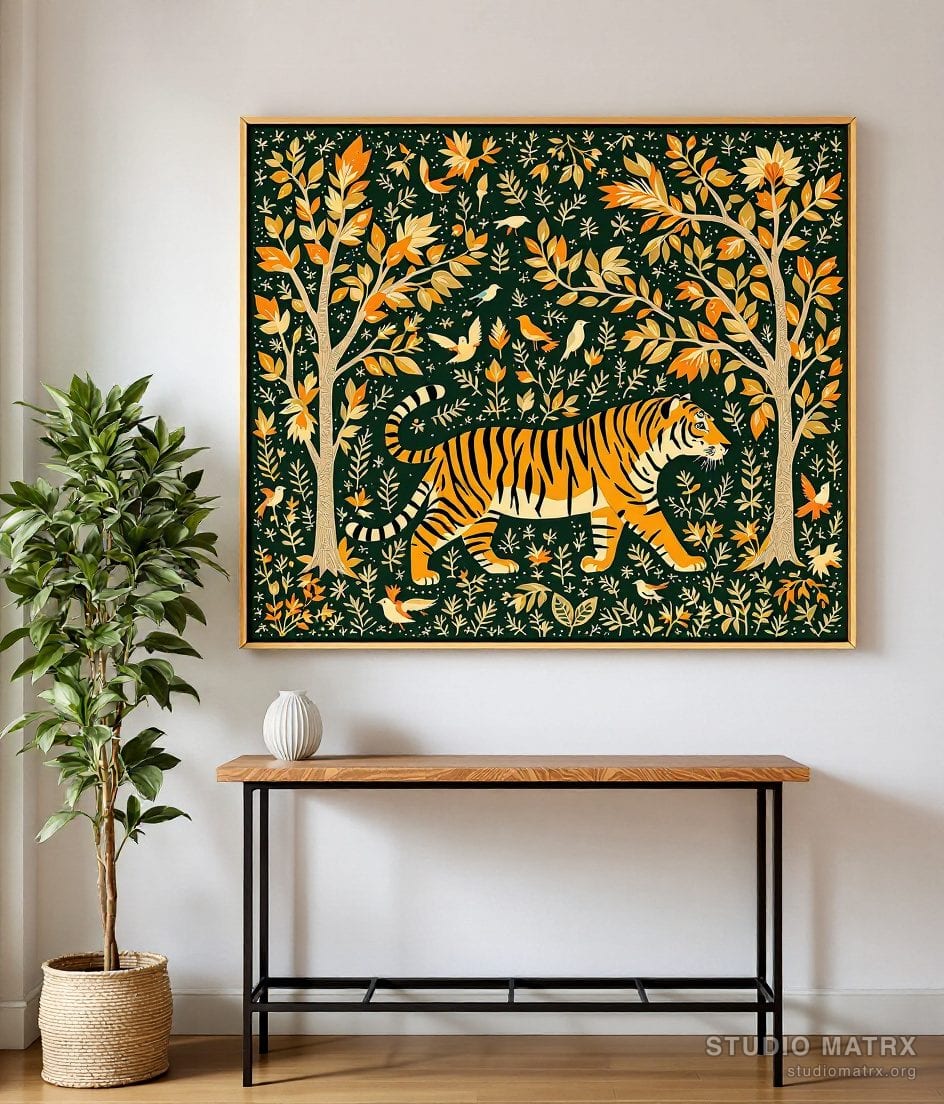 Gond Tiger In The Forest — Warm White Wall
