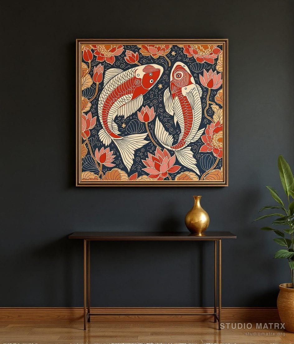 Madhubani Twin Fish Painting — Charcoal Wall