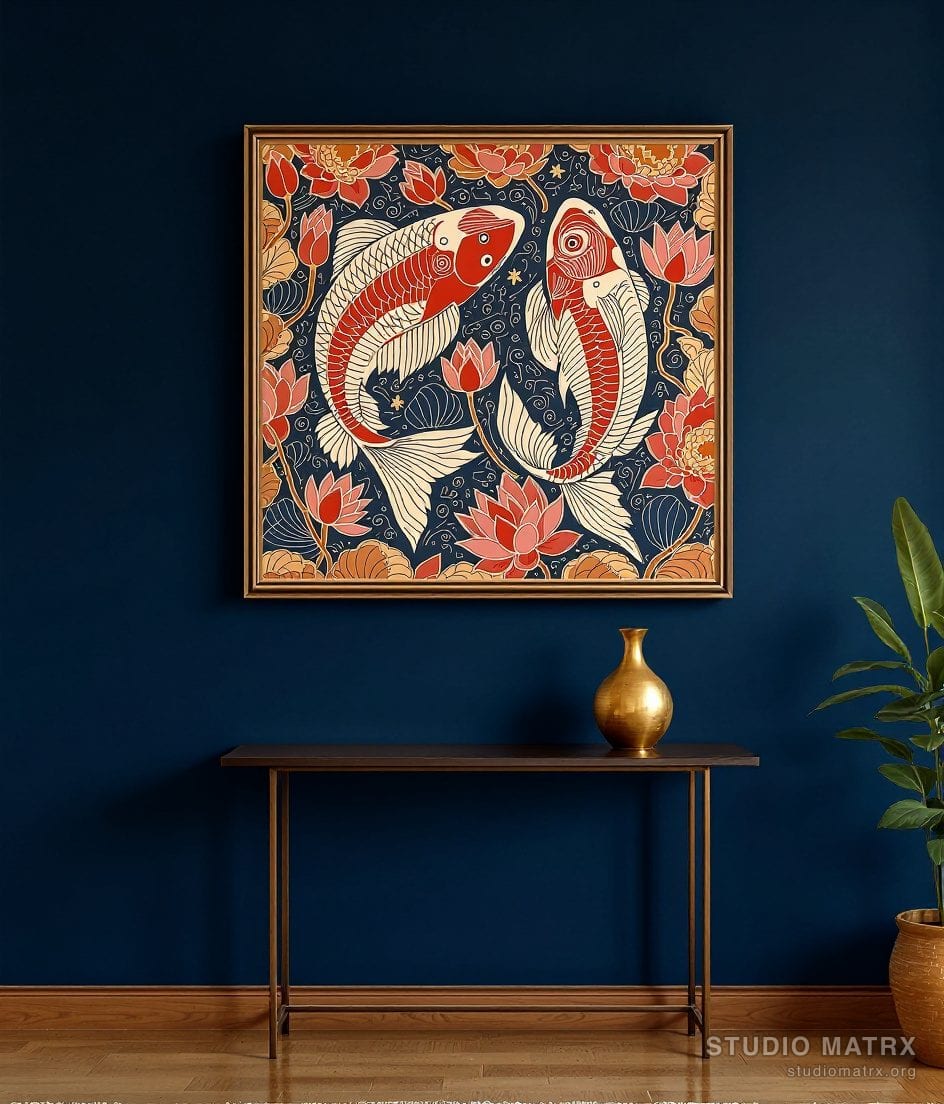Madhubani Twin Fish Painting — Navy Wall