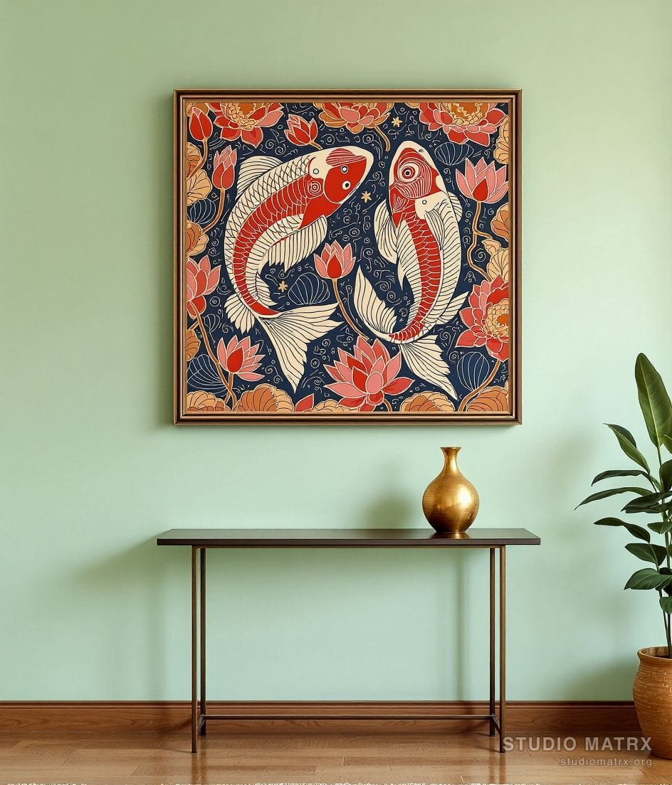 Madhubani Twin Fish Painting — Sage Wall