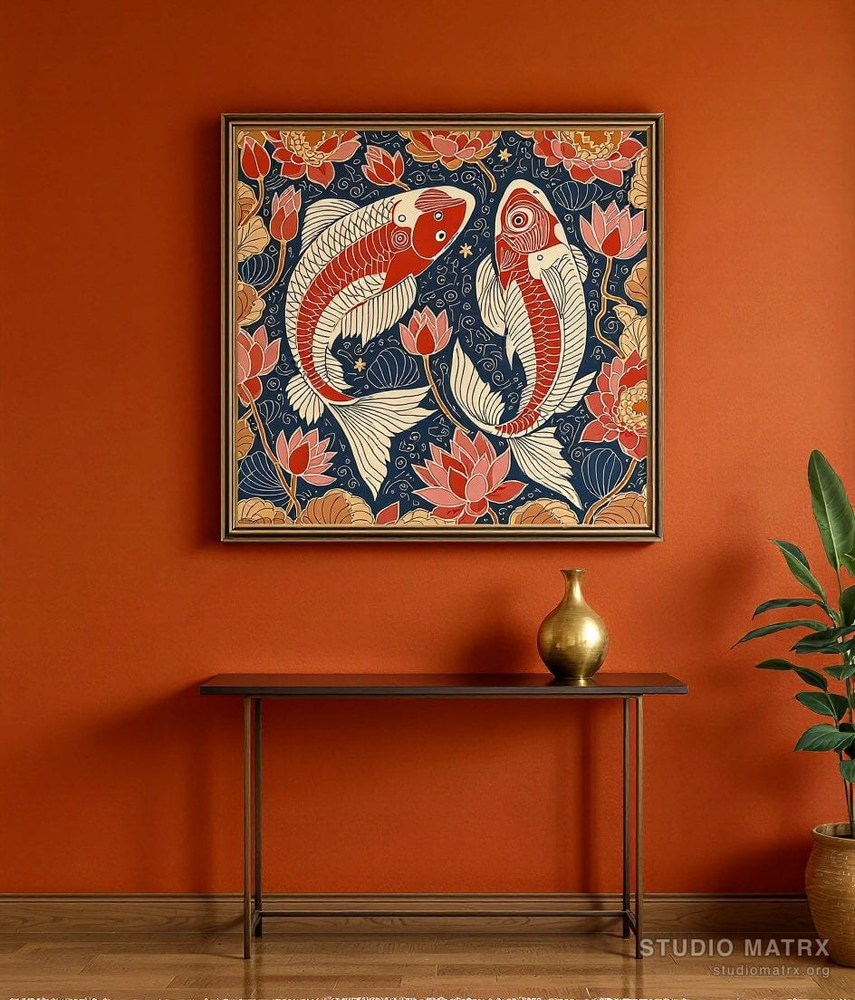 Madhubani Twin Fish Painting — Terracotta Wall