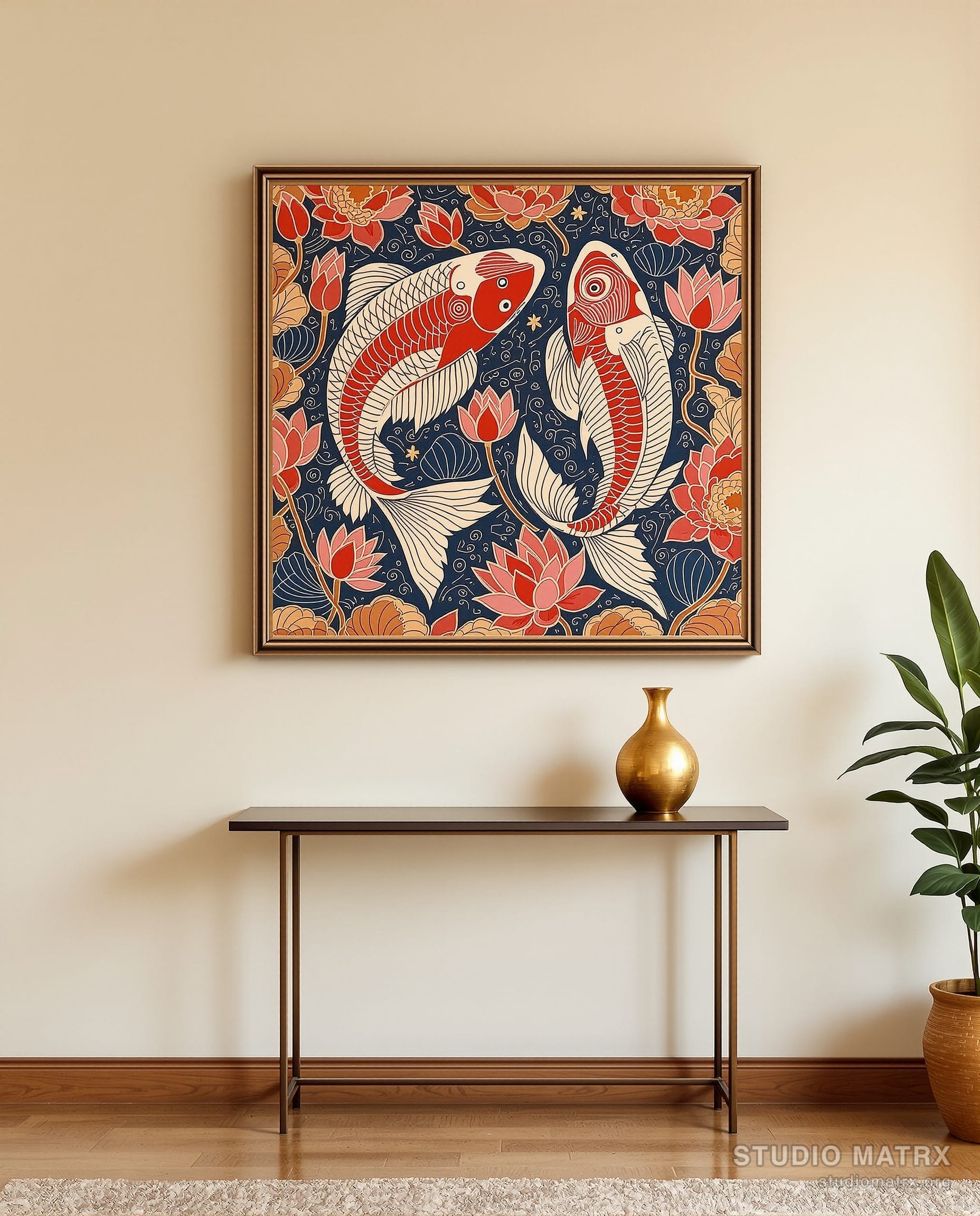 Madhubani Twin Fish Painting — Warm White Wall