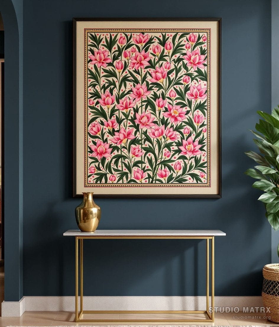 Madhubani Kohbar Lotus — Charcoal Wall