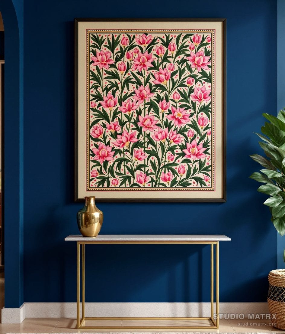 Madhubani Kohbar Lotus — Navy Wall
