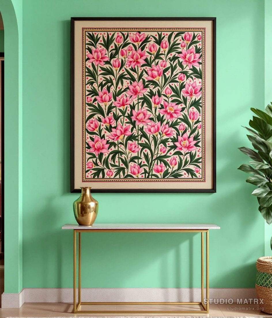 Madhubani Kohbar Lotus — Sage Wall